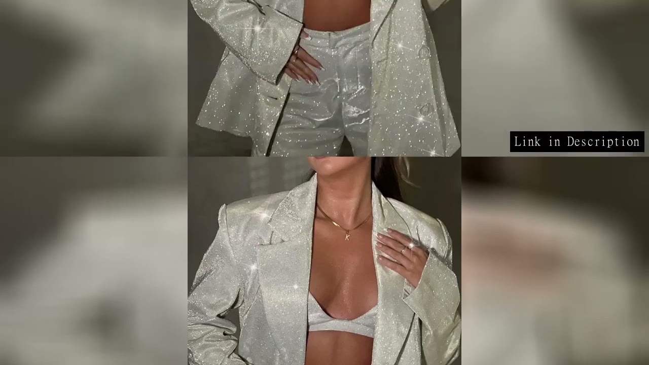 Tossy Glitter Silver Party Two Piece Pants Set Women Club Night Outfits Fashion Sparkly Blazer Match