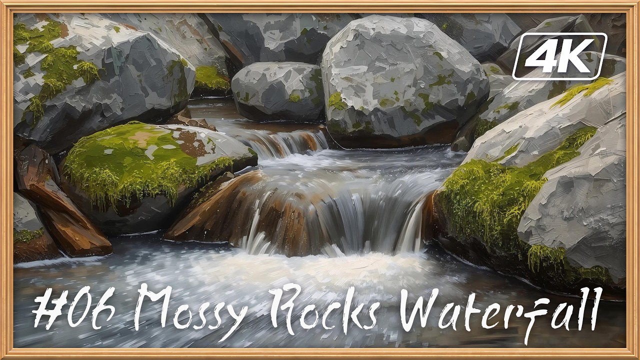 Zen Garden Gallery #06 | Mossy Rocks Waterfall (Oil Painting) | 4K Nature Ambience for TV