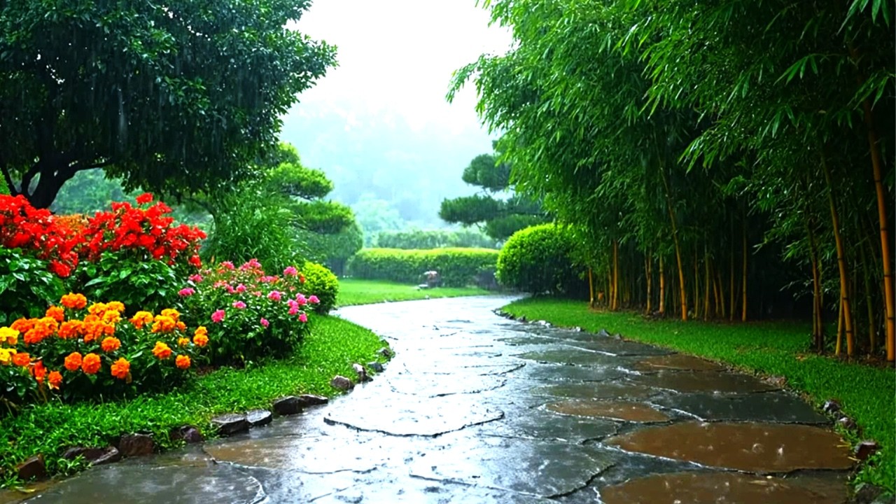 Heavy Rain in the Garden – 3.5 Hours of Peaceful Nature Ambience