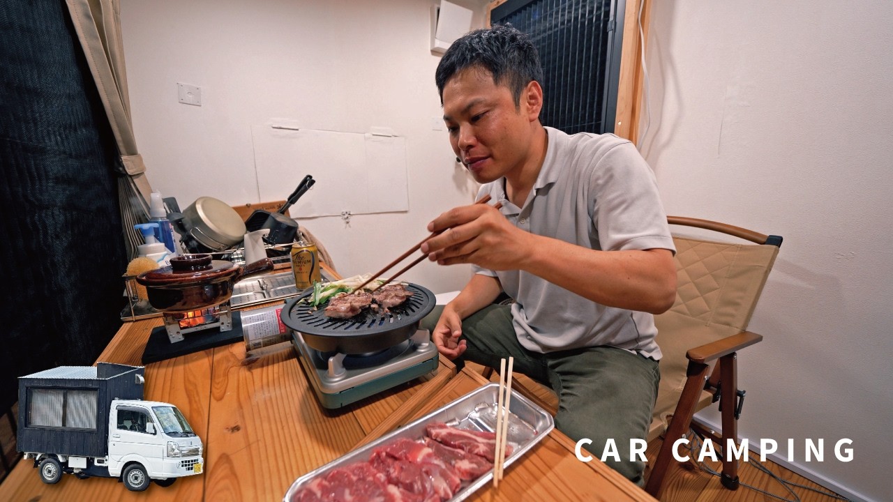 [Car Camping] Solo BBQ in the Riverside Forest [Homemade Light Truck Camper]