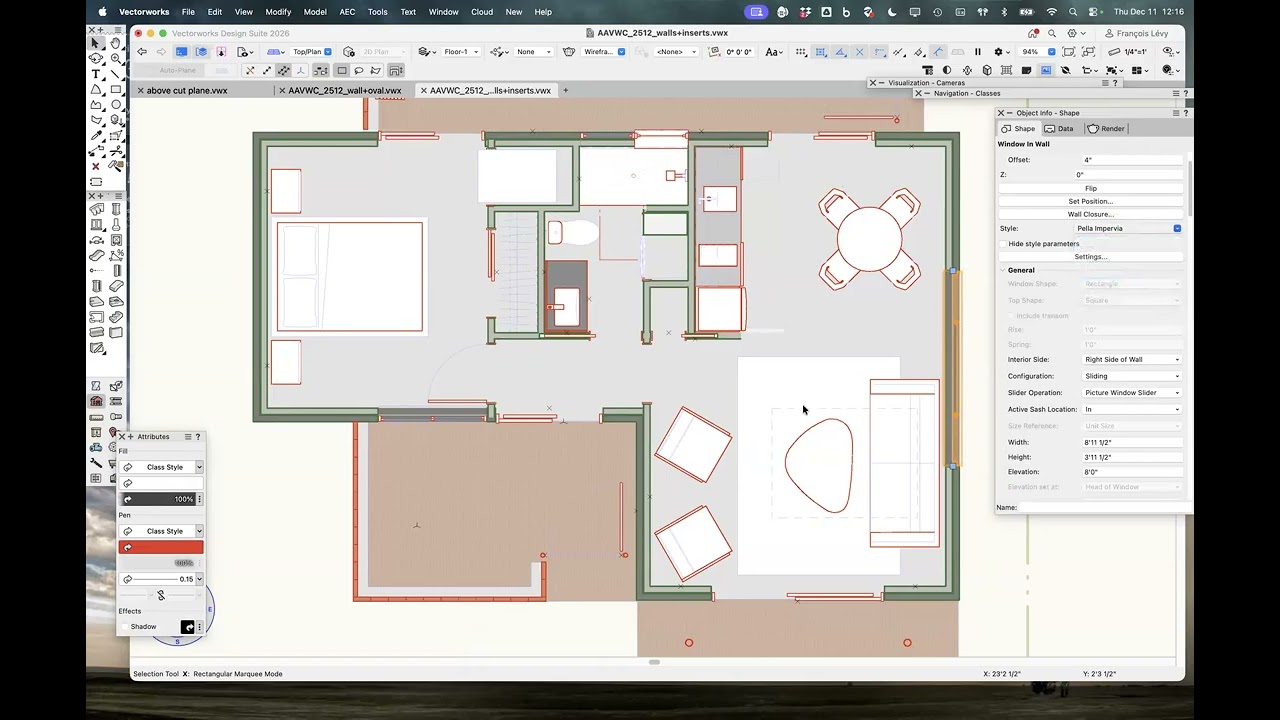 Проект Austin Vectorworks Community, декабрь 2025 года: установка дверей и окон в стены 2026 года.