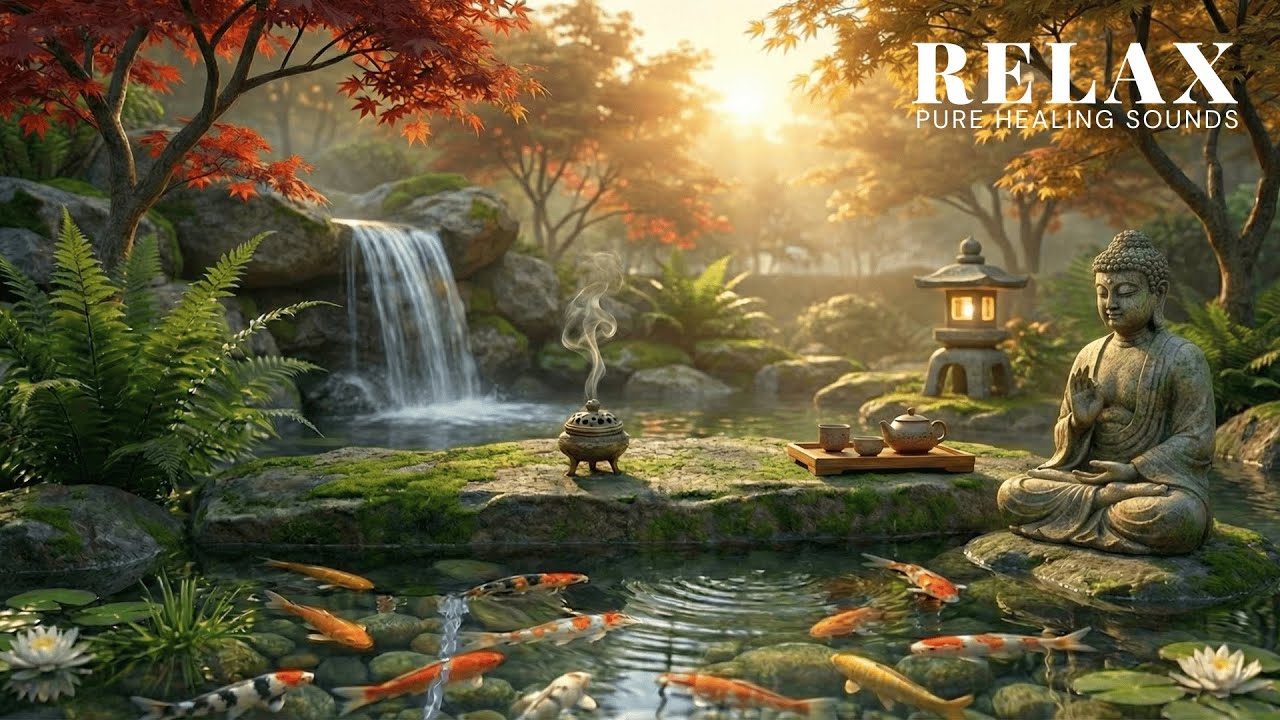 Instant Stress Relief 🍂 Waterfall & Buddha Garden Ambience for Deep Meditation & Sleep
