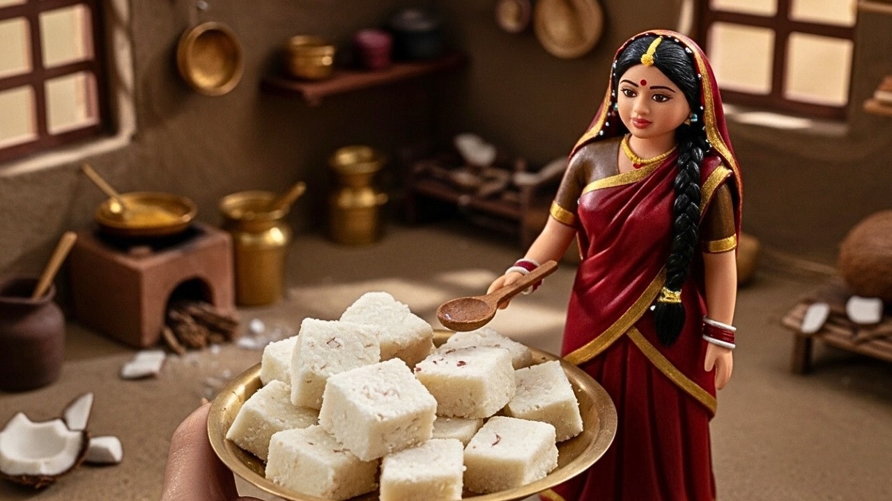 Miniature Doll Coconut Barfi Cooking ASMR | Indian Village Sweet Dessert