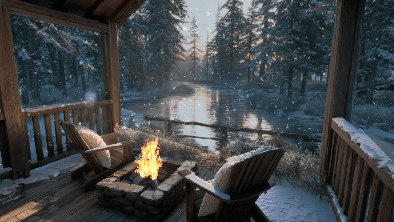 Cozy Winter Cabin Fireplace ASMR | Snowy Forest & River Ambience for Deep Sleep, Study & Relaxation