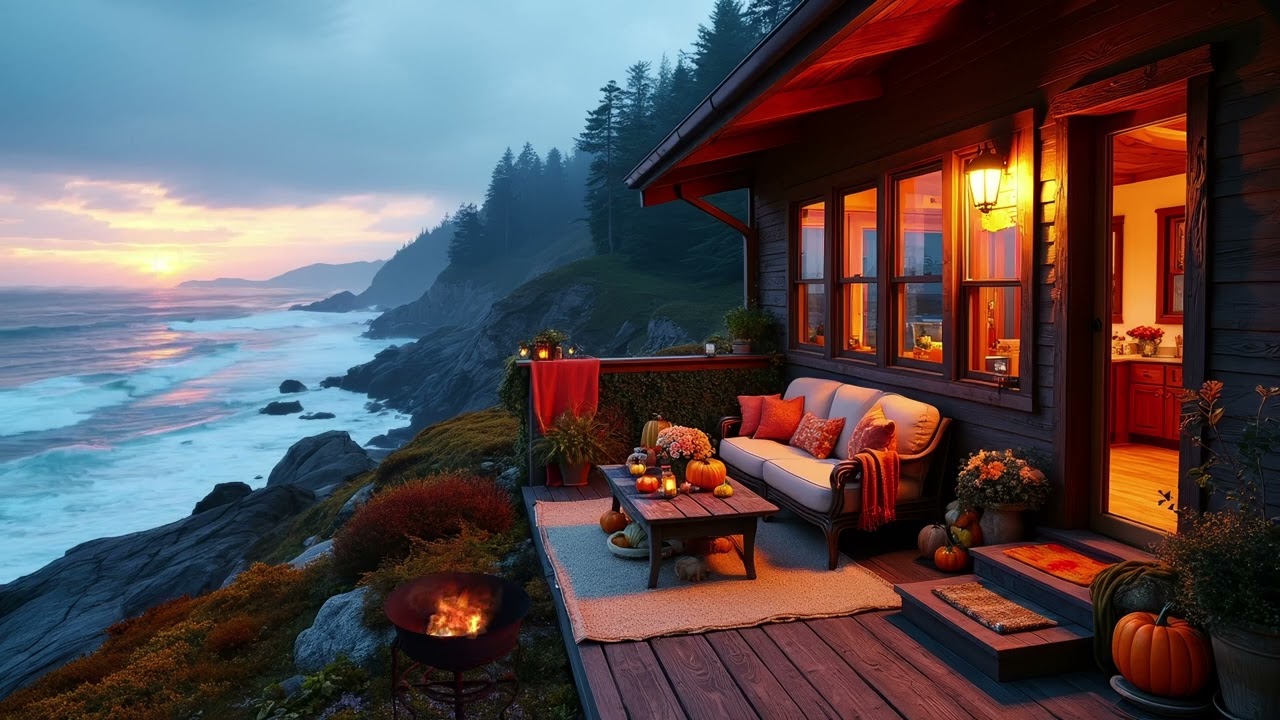 Cozy Sunset Fireplace by the Ocean 🌅🔥 | 8 Hours of Warm Ambience Sounds