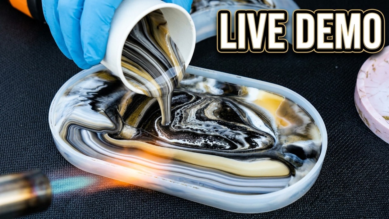 Live Demo - part 1 gold, black, white marble pour
