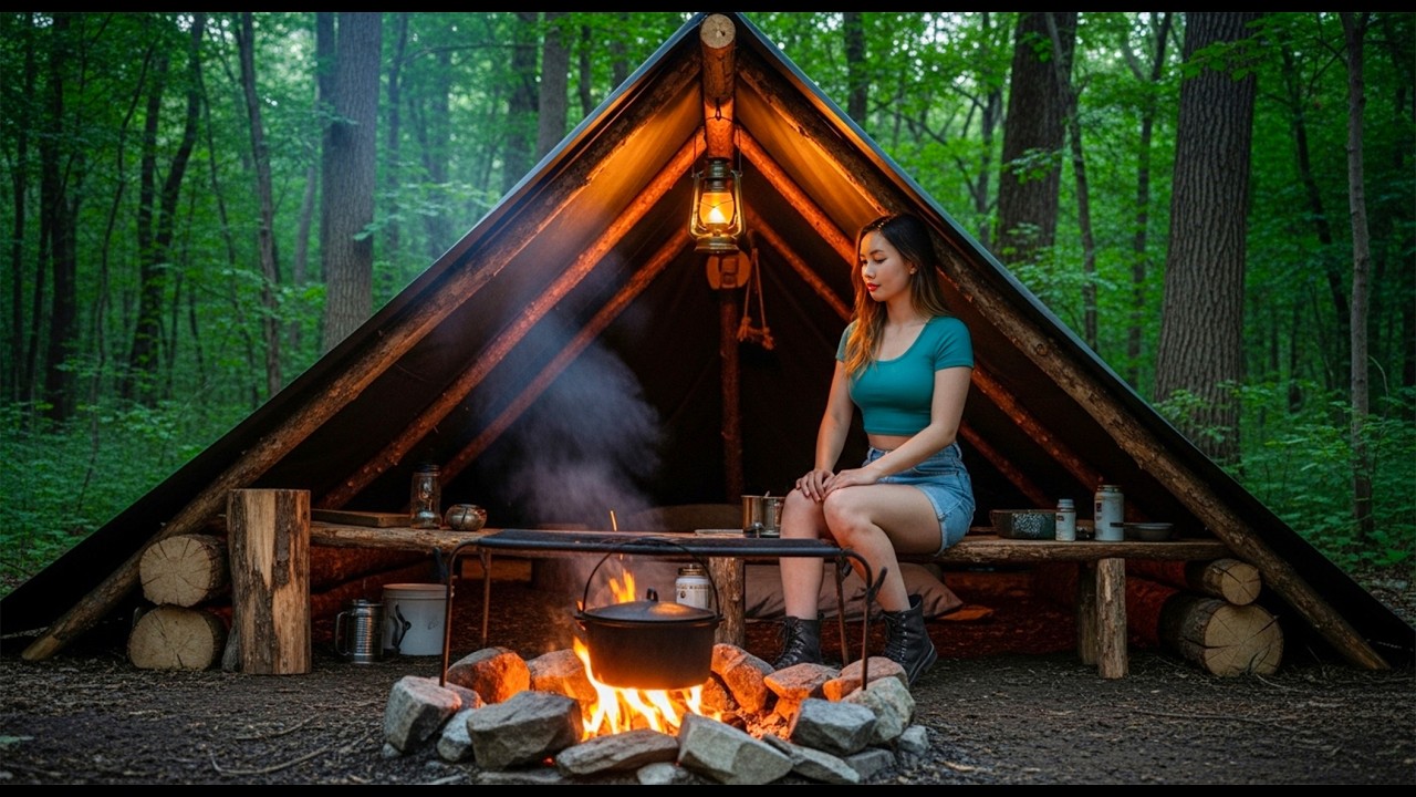 SOLO Survival Camping in Dense Forest - Easy Tarp Shelter for Survival
