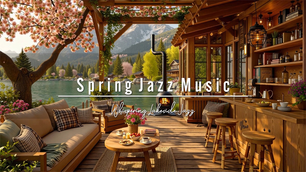 Relaxing Spring Jazz 🌸 Quiet Lakeside Cabin Coffee Shop Porch |  Jazz Playlist for Study & Calm Mind