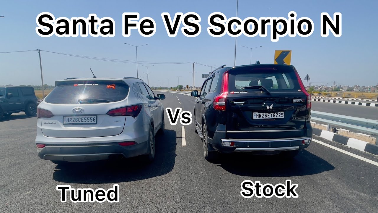 Scorpio N VS Santa Fe| tuned vs stock| manual vs automatic | 9 साल पुरानी gadi ने धूल चटा दी 🫡