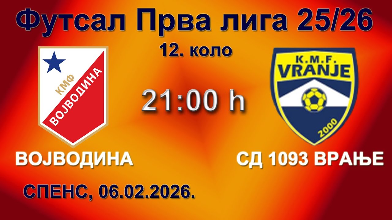 KMF VOJVODINA - KMF SD 1093 VRANJE, Prva futsal liga Srbije 2025/26, 12. kolo, 06.02.2026., 21:00