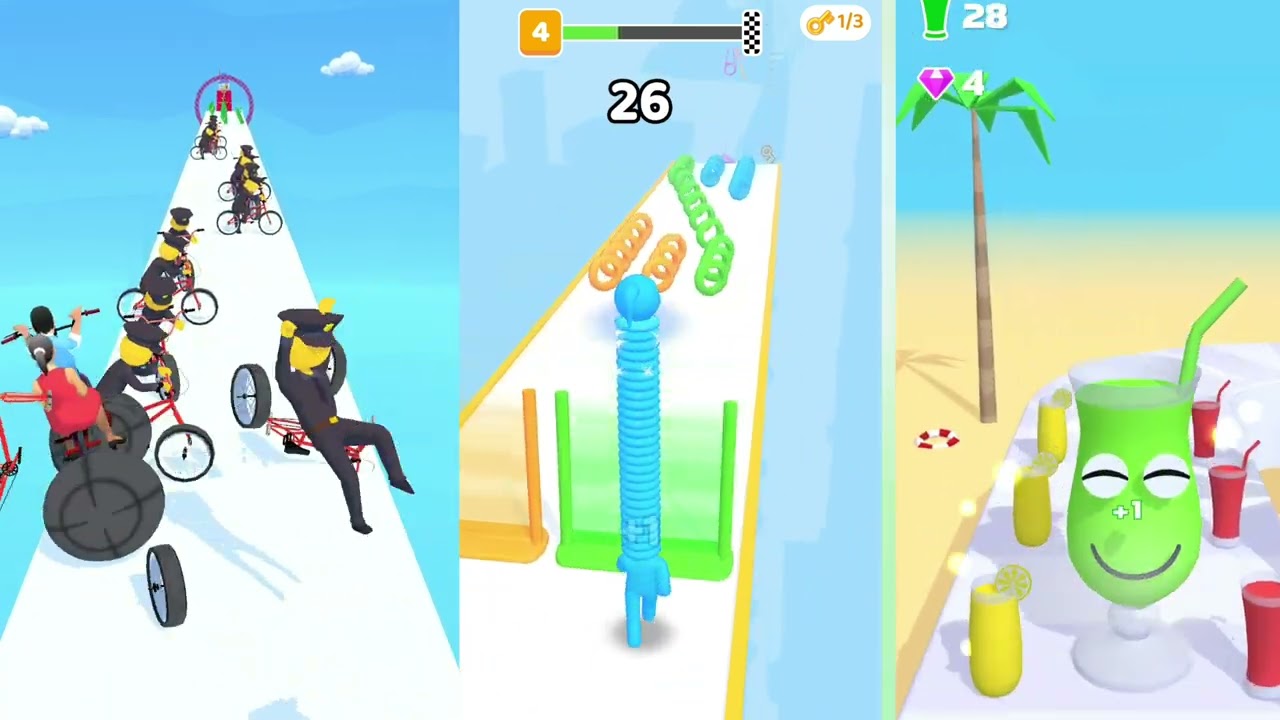 play 3 games on one screen, Long Neck Run juice run and Couples Bike play these games Android IOS