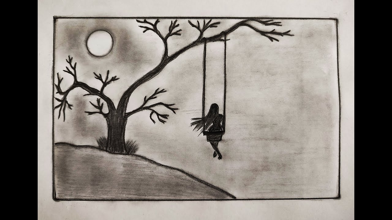 Drawing of a girl on a swing at sunset / Pencil drawing of landscape
