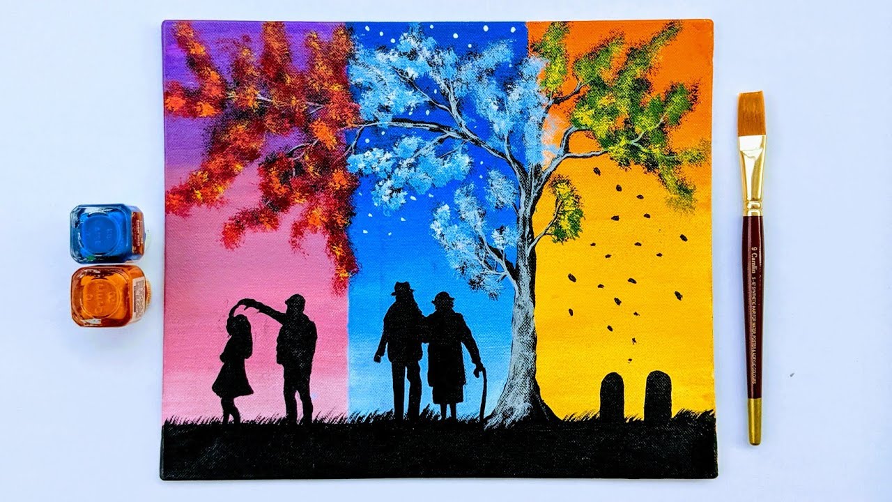 Three Seasons Scenery Painting of Couple using Acrylic Painting | Couple under Tree Painting