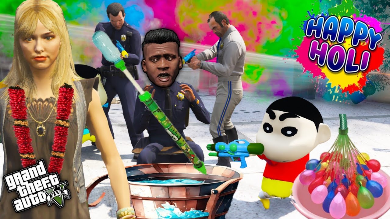GTA 5: Franklin Police Family Holi Celebration 🎊🎉 Shinchan Throw Colour At Himawari🥲 Ps Gamester