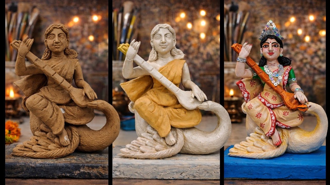Goddess Saraswati Idol Making | Clay to Color Complete Transformation | Art and craft | Clay art
