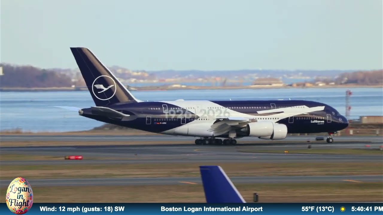 Lufthansa A380 100 Year Livery Lands at Logan Airport Runway 22L
