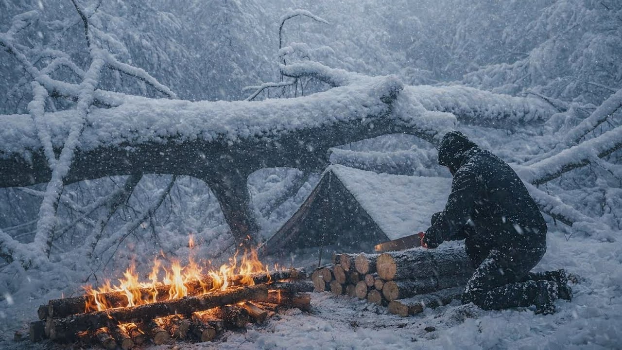 Extreme WINTER Bushcraft Camping, 2 Days SURVIVAL in -11&deg;C SNOWSTORM; No Tent, No Sleeping Bag