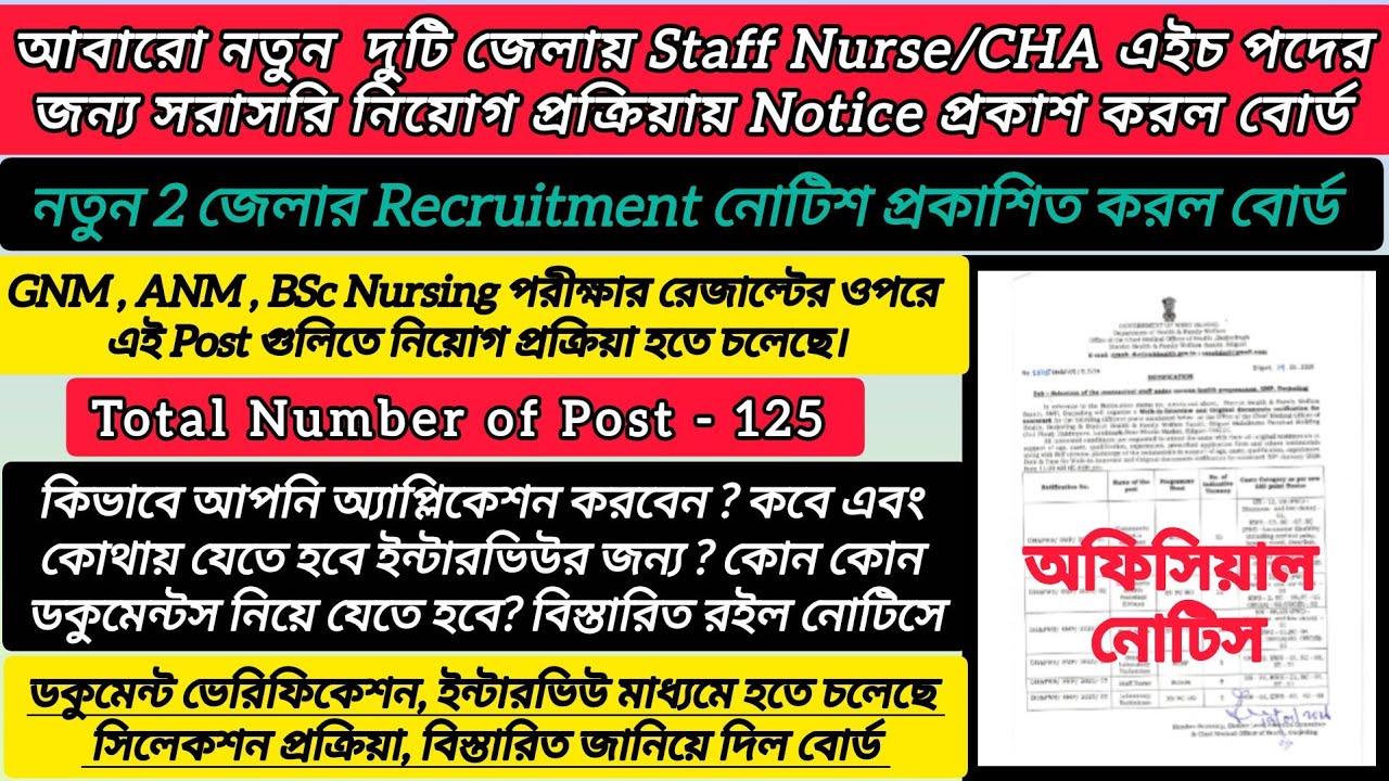 WB Staff Nurse & CHA Recruitment Official Notice 2026 🔥 দুটি জেলায় Staff Nurse, CHA Recruitment