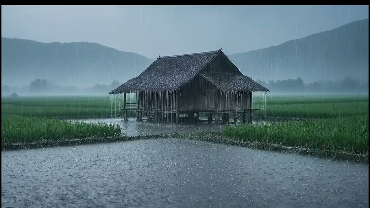 Heavy Rain in Rural Rice Fields | Relaxing Nature Sounds for Sleep, Study & Stress Relief