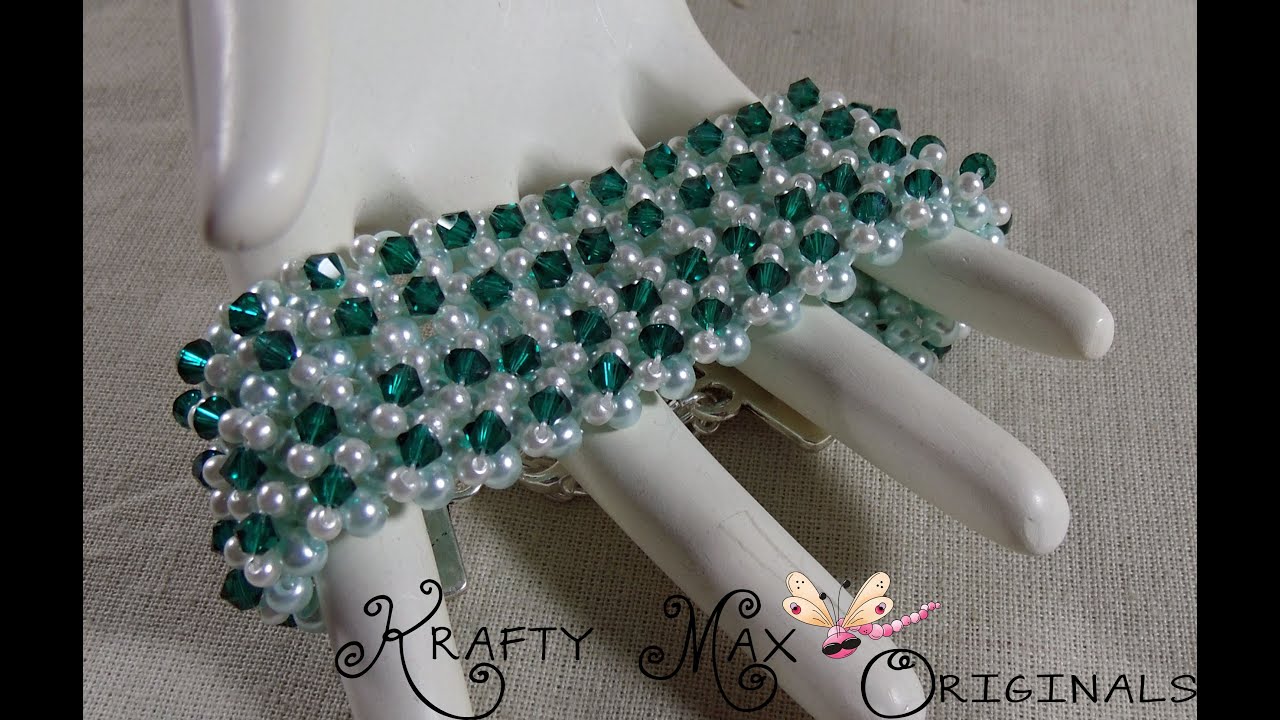 Green and White Beadwoven Bracelet - Creations Color Challenge A Krafty Max Original Design