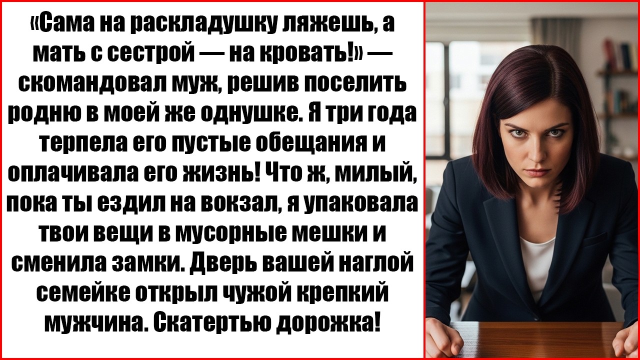 «Сама на раскладушке ляжешь!» Муж привез свекровь в мою однушку, но дверь им открыл чужой мужчина.