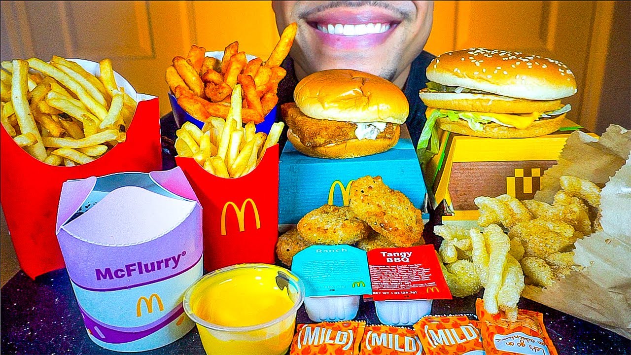 ASMR MCDONALDS MUKBANG BIG MAC CHICKEN NUGGETS BURRITO CINNAMON TWIST INTERNATIONAL MCFLURRY EATING