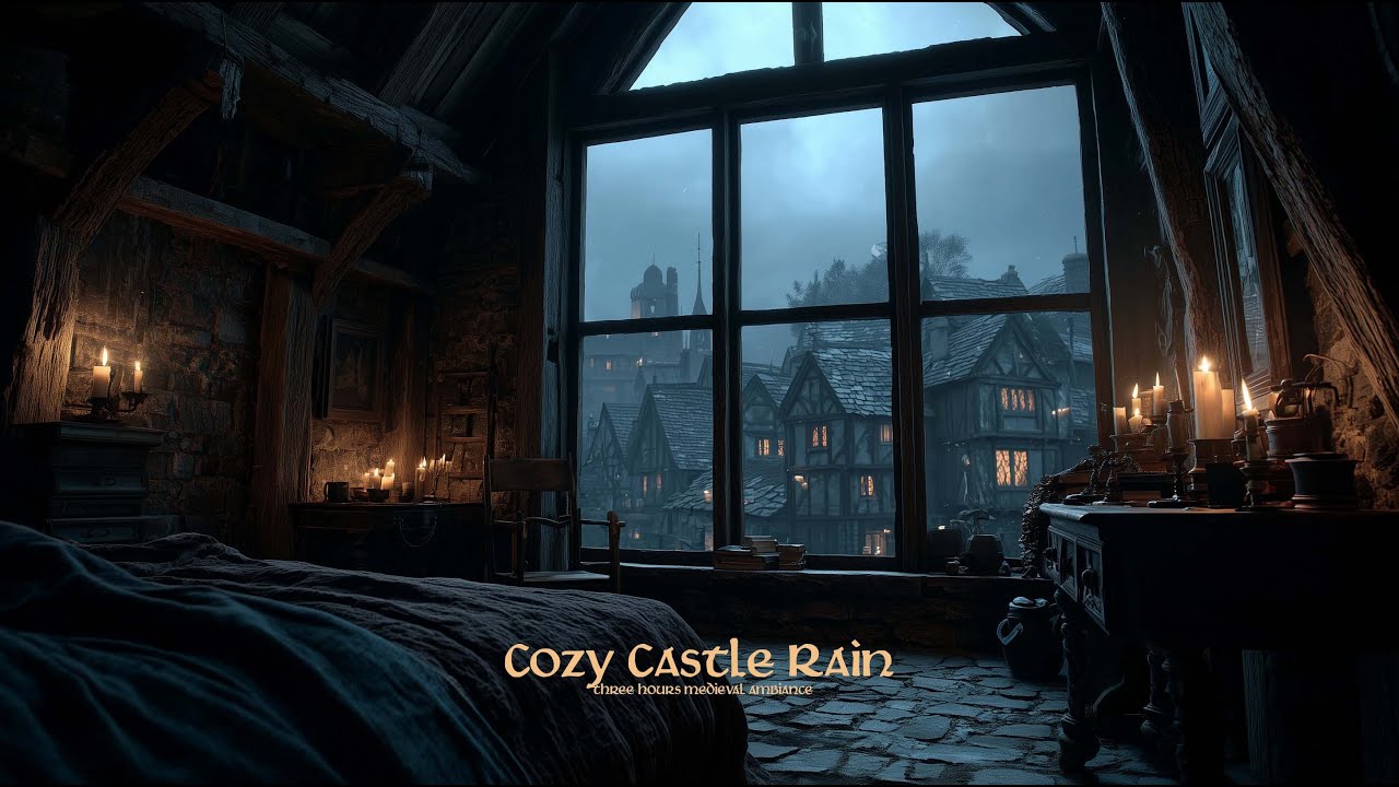 Medieval Window at Night with Heavy Rain | Relaxing Sound Ambience
