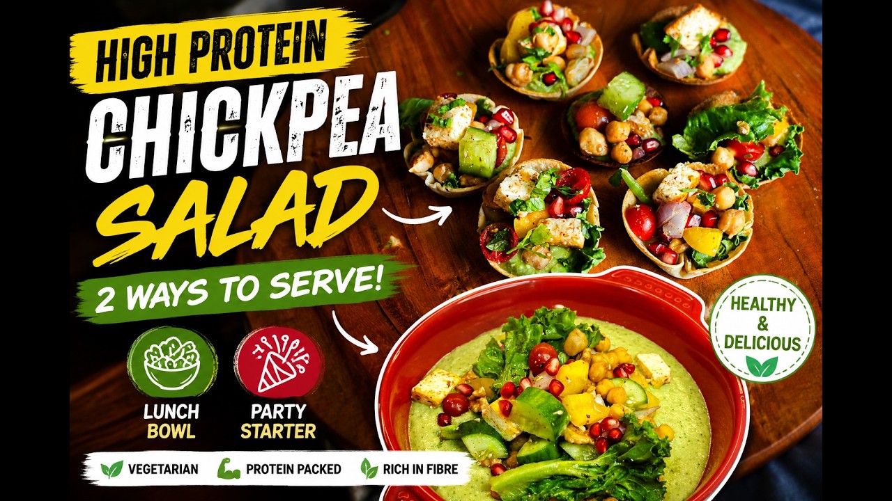 High Protein Chickpea & Paneer Salad | Creamy Hummus Bowl + Healthy Party Canap&eacute;s| Easy Lunch Recipe