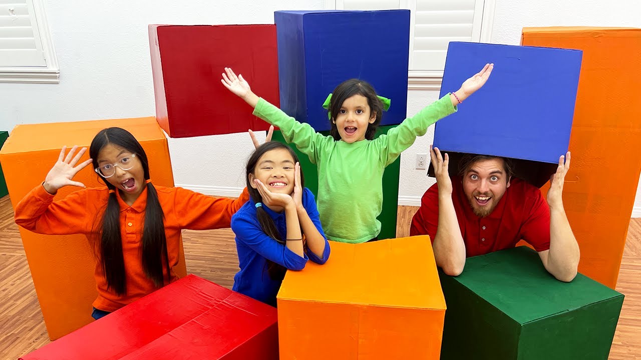 Wendy and Ellie Play Hide and Seek in Color Boxes with Family and Friends