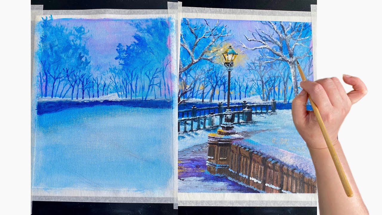 How to draw a streetlight on the park path/#001/Winter landscape painting/Acrylic painting