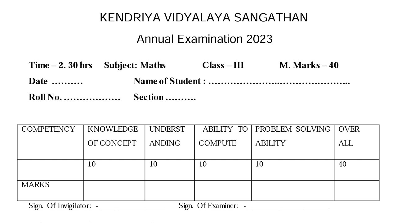 Class-3 MATHS / Annual Exam Question Paper 2023 For KENDRIYA VIDYALAYA (KVS) Students