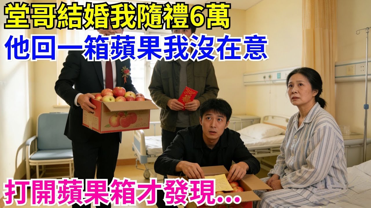 堂哥結婚我隨禮6萬，他回一箱蘋果我沒在意，3年後我媽住院，打開蘋果箱才發現底下壓著一張泛黃的紙#為人處世#生活#故事#戀愛#情感#婚姻#家庭婆媳#養老#睡