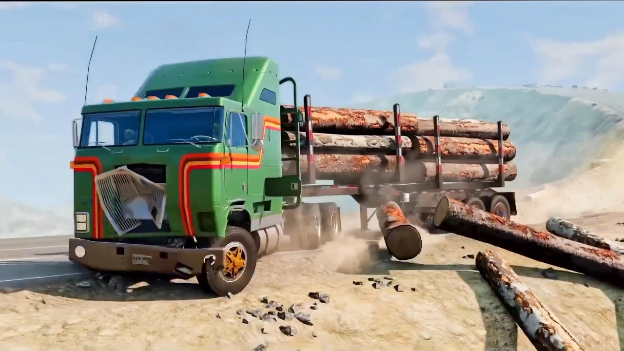 A trailer truck carrying wood spilled onto the road