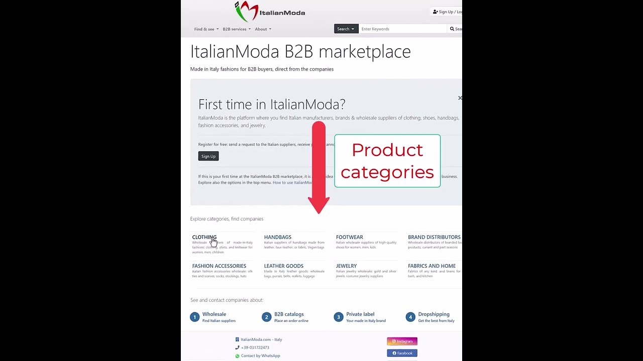 How to navigate the product categories at the marketplace B2B ItalianModa