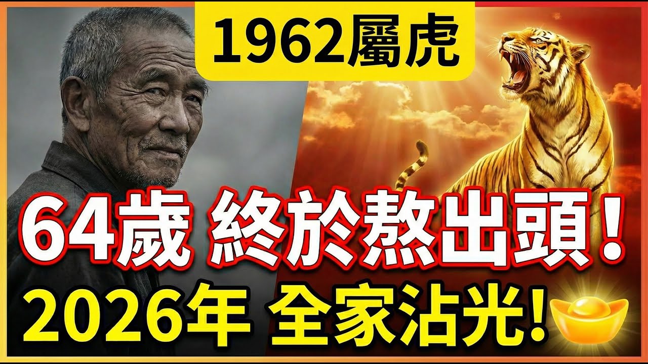 恭喜1962年屬虎人！2026年64歲後註定苦盡甘來！你家有嗎？如果有，請準備接財接福，全家都沾光！#1962年屬虎 #2026年生肖虎運勢 #屬虎2026年運勢 #1962年生肖虎 #屬虎 #生肖虎