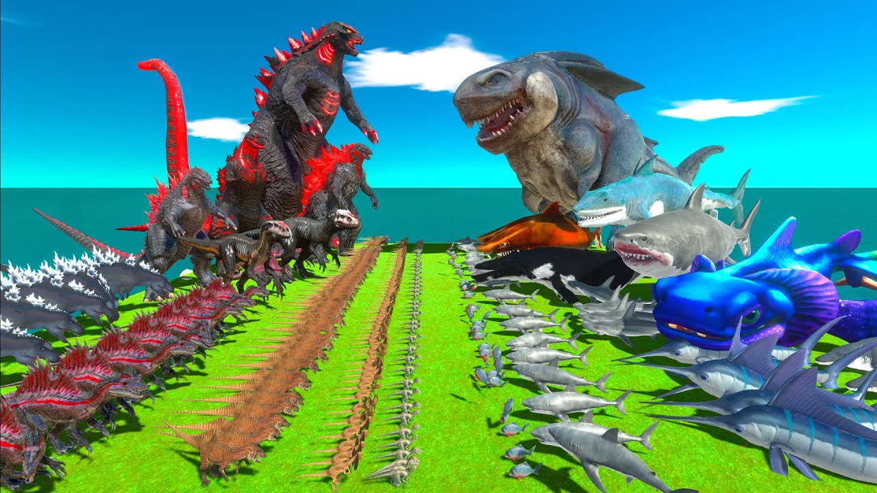 Dinosaurs revolt battle with Evil Godzilla 2014 + Indominus Rex + Indoraptor VS Team Megalodon Rex