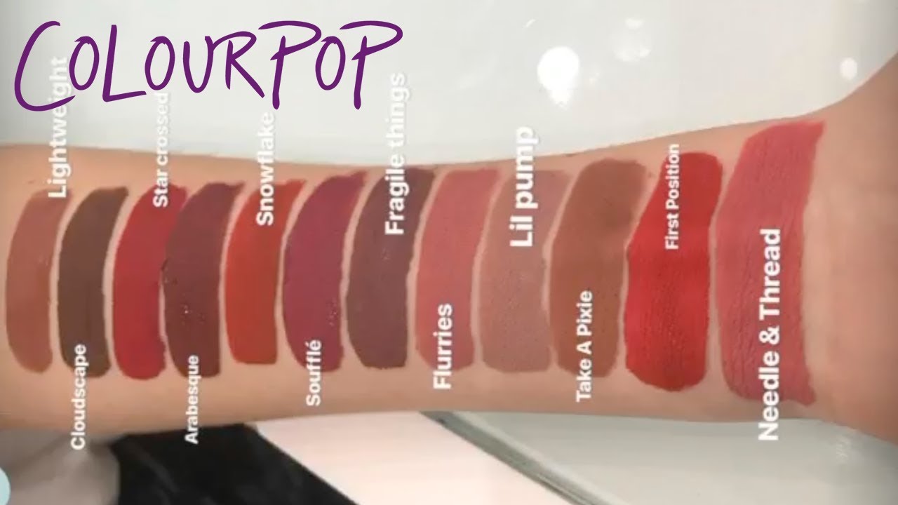 ColorPop Swatches 10 Holiday Ultra Matte Lipsticks including First Position and Needle N Thread