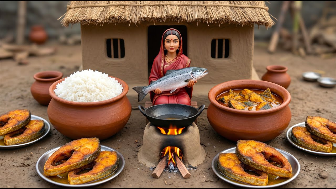 Miniature Doll massive fish Cooking ASMR | Feeding the Poor | Indian Village Tiny Kitchen Story