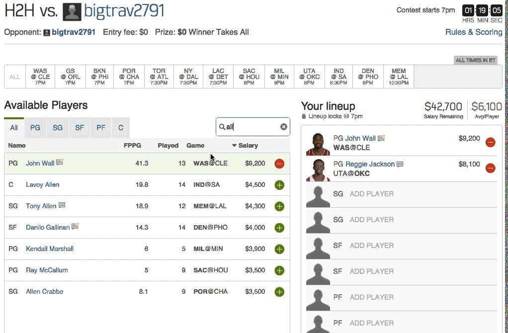 FanDuel Optimal Lineup November 26 2014
