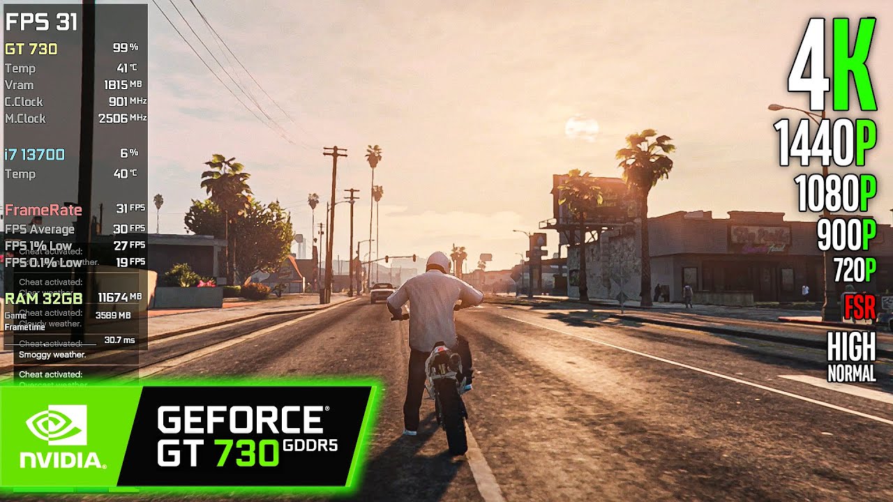 GT 730 | GTA V Enhanced - 4K, 1440p, 1080p, 900p, 720p, FSR 1 - High, Normal