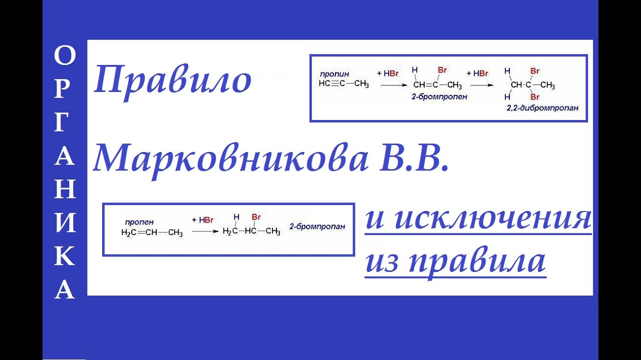 Правило Марковникова В.В. в реакциях присоединения у алкЕнов и алкИнов.