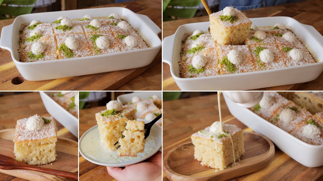 كيكة جوز الهند السريعة بالخلاط قطعة منها ما تكفي