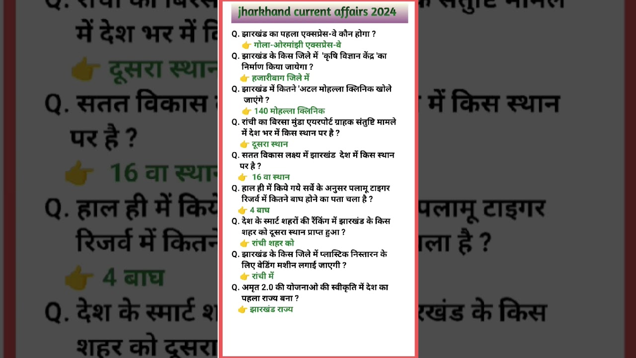 jharkhand important current affairs 2024 || jharkhand current affairs #jssc #jpsc #gk