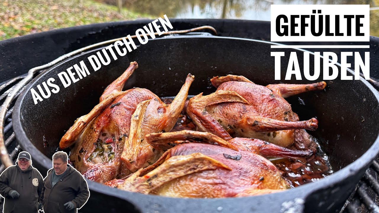 #709: gefüllte Tauben aus dem Dutch Oven - mit Champignons, Bacon und Zwiebeln. Ein Hochgenuss!