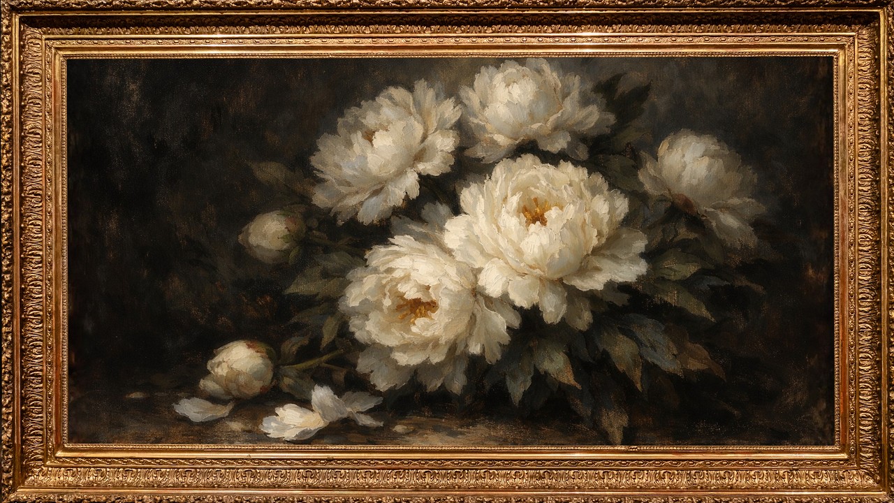 Museum Framed White Peonies - 4K Fine Art TV Screensaver | 2 Frame Options | 2 Hour Video, No Sound