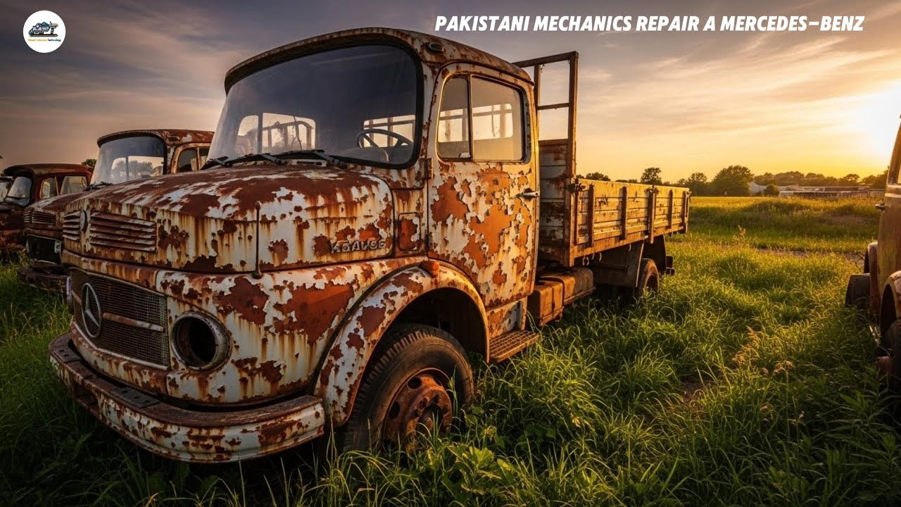 Pakistani mechanics are repairing a Mercedes-Benz truck gearbox outdoors.