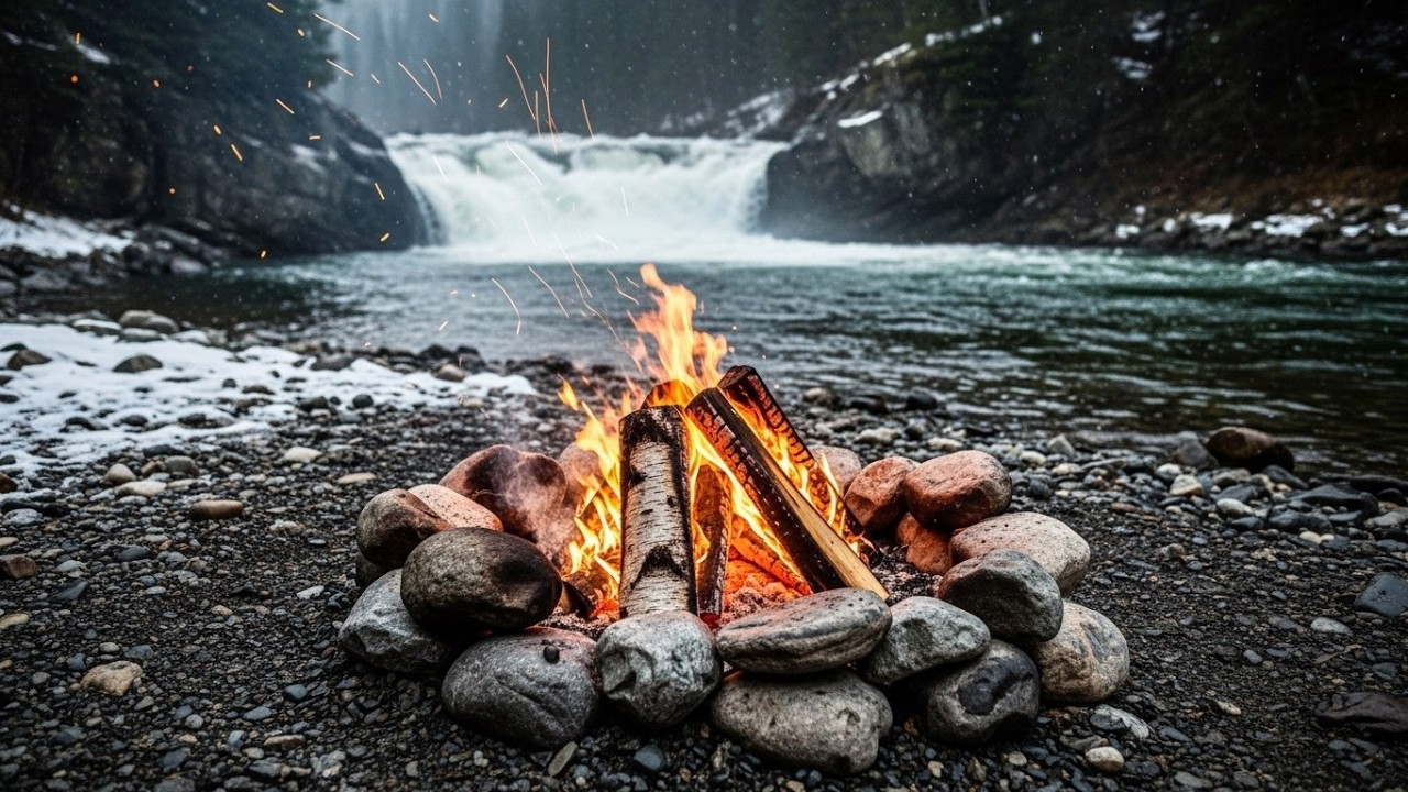 Real Campfire by a Mountain Waterfall | 100% Natural River Sounds