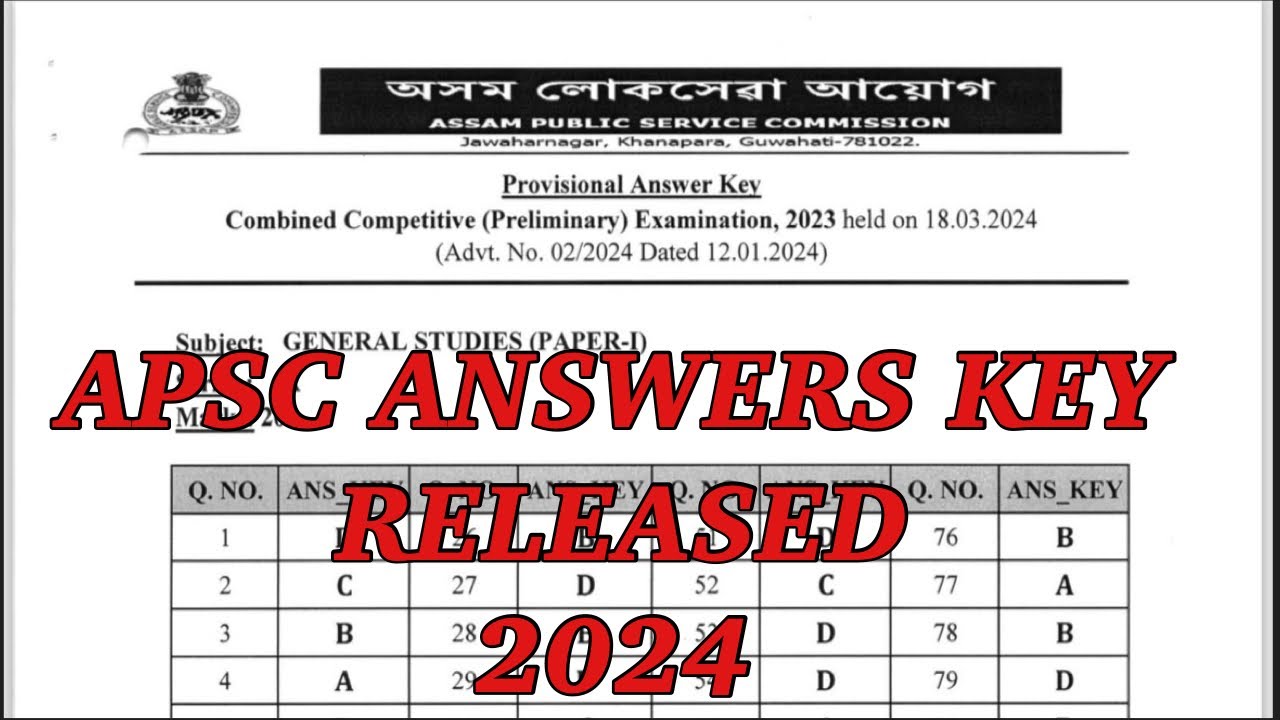 APSC ANSWERS KEY OUT PRELIMINARY EXAM 18/03/2024 APSC Ans. Key Assam job information