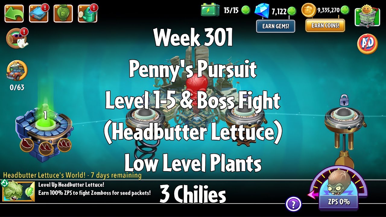 PvZ2 Penny's Pursuit Week 301 (Headbutter Lettuce) - Level 1-5 & Boss Fight - 3 Chilies