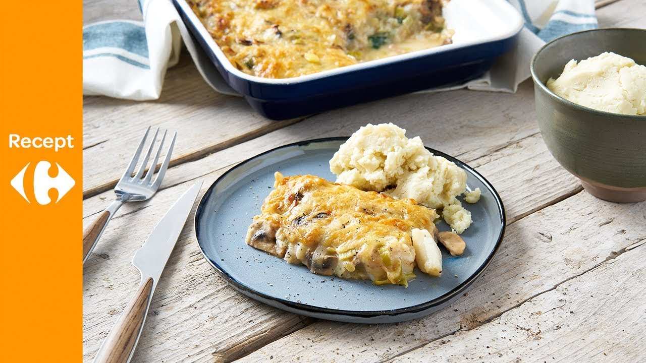 Gegratineerd kabeljauw- en groentepannetje met puree